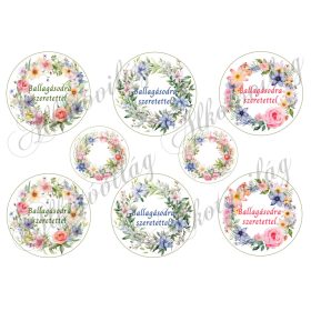    7 cm átmérőjű Virágkoszorúk - BALLAGÁSODRA SZERETETTEL felirattal - 8 cm-es kerettel