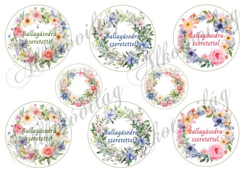  7 cm átmérőjű Virágkoszorúk - BALLAGÁSODRA SZERETETTEL felirattal - 8 cm-es kerettel