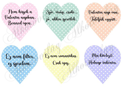 Pöttyös szívek Valentin-napi vicces feliratokkal - 9cm magas