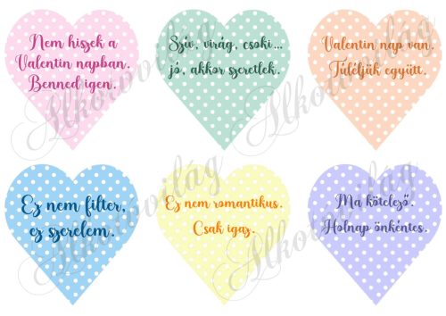 Pöttyös szívek Valentin-napi vicces színes feliratokkal - 9cm magas