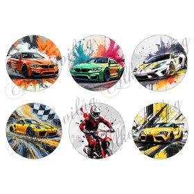   Autók és motor 8,5 cm átmérővel - HŰTŐMÁGNES, AJÁNDÉKKÍSÉGŐ, BESZÚRÓS DÍSZ, AJTÓ - , ABLAKDÍSZ stb. készítéshez