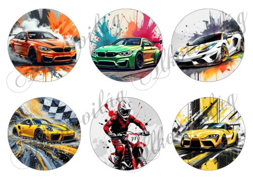 Autók és motor 8,5 cm átmérővel - HŰTŐMÁGNES, AJÁNDÉKKÍSÉGŐ, BESZÚRÓS DÍSZ, AJTÓ - , ABLAKDÍSZ stb. készítéshez