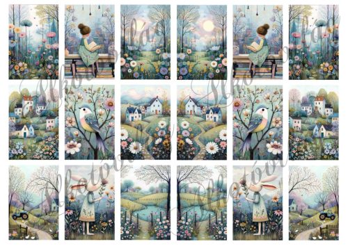 Kedves tavaszi hangulatú képek házikókkal, virágokkal - 6,5 x 4 cm - HŰTŐMÁGNES, AJÁNDÉKKÍSÉGŐ készítéshez