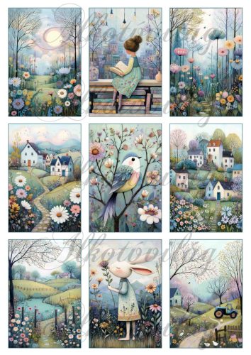 Kedves tavaszi hangulatú képek házikókkal, virágokkal - 9 x 6 cm - HŰTŐMÁGNES, AJÁNDÉKKÍSÉGŐ készítéshez