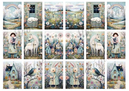 Kedves tavaszi hangulatú képek házikókkal, virágokkal 2 - 6,5 x 4 cm - HŰTŐMÁGNES, AJÁNDÉKKÍSÉGŐ készítéshez