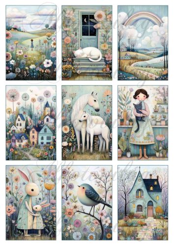 Kedves tavaszi hangulatú képek házikókkal, virágokkal 2 - 9 x 6 cm - HŰTŐMÁGNES, AJÁNDÉKKÍSÉGŐ készítéshez