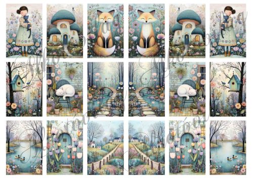 Kedves tavaszi hangulatú képek házikókkal, virágokkal 3 - 6,5 x 4 cm - HŰTŐMÁGNES, AJÁNDÉKKÍSÉGŐ készítéshez