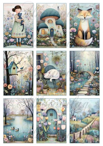 Kedves tavaszi hangulatú képek házikókkal, virágokkal 3 - 9 x 6 cm - HŰTŐMÁGNES, AJÁNDÉKKÍSÉGŐ készítéshez