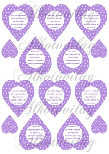NŐNAPI felirat lila pöttyös szívekben - 7 cm magas