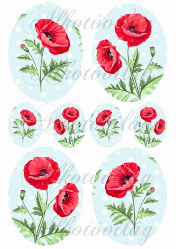 poppies in ovals on a light blue polka dot background