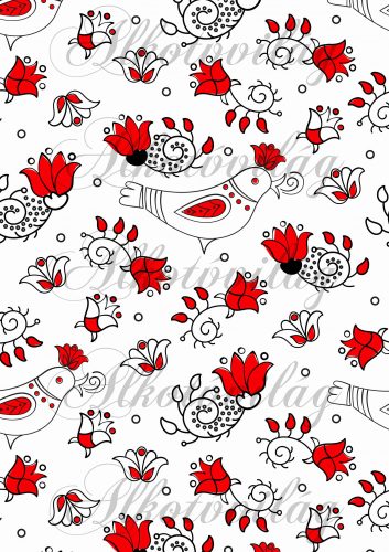 Piros-fehér folk minta madárkával, tulipánnal