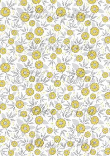Szürke - sárga virágos kollekció - sárga virágok szürke pöttyös középpel fehér alapon