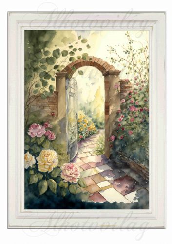 Akvarell stílusú kép keretben boltíves kapuval, rózsákkal - 19,5 x 26,5 cm