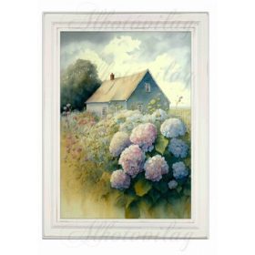   Akvarell stílusú kép keretben gyönyörű hortenziákkal, házzal - 19,5 x 26,5 cm