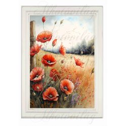   Akvarell stílusú kép keretben gyönyörű pipacsokkal- 19,5 x 26,5 cm