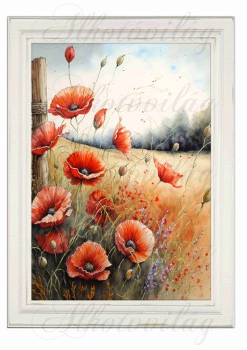 Akvarell stílusú kép keretben gyönyörű pipacsokkal- 19,5 x 26,5 cm