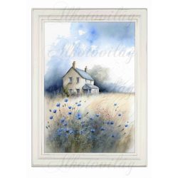   Akvarell stílusú kép keretben házzal, kék virágokkal - 19,5 x 26,5 cm