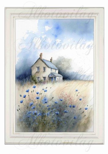 Akvarell stílusú kép keretben házzal, kék virágokkal - 19,5 x 26,5 cm