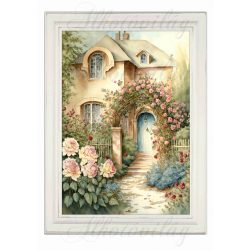   Akvarell stílusú kép keretben házzal, rózsalugassal- 19,5 x 26,5 cm