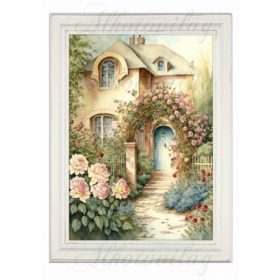   Akvarell stílusú kép keretben házzal, rózsalugassal- 19,5 x 26,5 cm