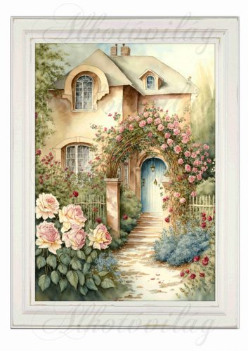 Akvarell stílusú kép keretben házzal, rózsalugassal- 19,5 x 26,5 cm