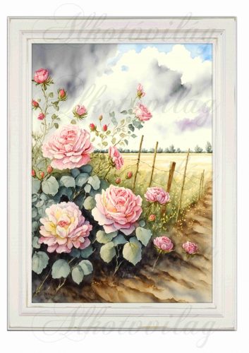 Akvarell stílusú kép keretben mező széli rózsákkal - 19,5 x 26,5 cm