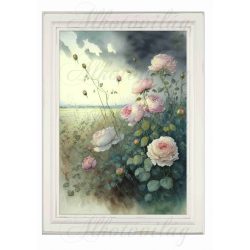   Akvarell stílusú kép keretben pasztell rózsákkal, felhőkkel - 19,5 x 26,5 cm