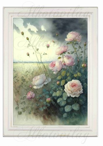 Akvarell stílusú kép keretben pasztell rózsákkal, felhőkkel - 19,5 x 26,5 cm