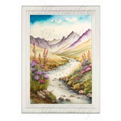   Akvarell stílusú kép keretben patakkal, hegyekkel, virágokkal - 19,5 x 26,5 cm
