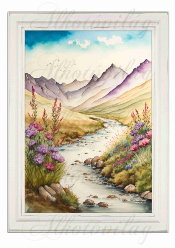 Akvarell stílusú kép keretben patakkal, hegyekkel, virágokkal - 19,5 x 26,5 cm