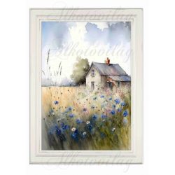   Akvarell stílusú kép keretben régi házzal, kék mezei virágokkal - 19,5 x 26,5 cm
