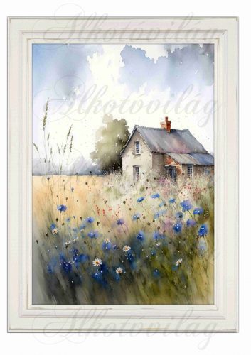 Akvarell stílusú kép keretben régi házzal, kék mezei virágokkal - 19,5 x 26,5 cm