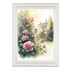   Akvarell stílusú kép keretben rózsaszín rózsákkal, házzal - 19,5 x 26,5 cm