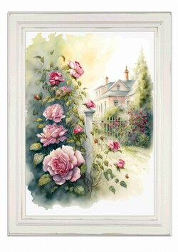 Akvarell stílusú kép keretben rózsaszín rózsákkal, házzal - 19,5 x 26,5 cm