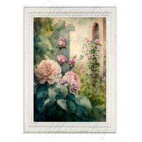   Akvarell stílusú kép keretben rózsákkal, ablakrészlettel - 19,5 x 26,5 cm