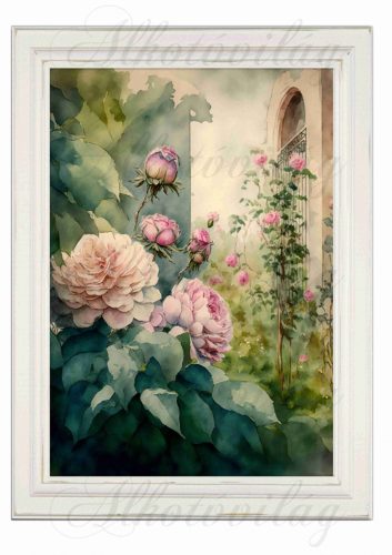 Akvarell stílusú kép keretben rózsákkal, ablakrészlettel - 19,5 x 26,5 cm