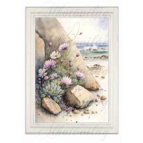   Akvarell stílusú kép keretben sziklával, virágokkal - 19,5 x 26,5 cm