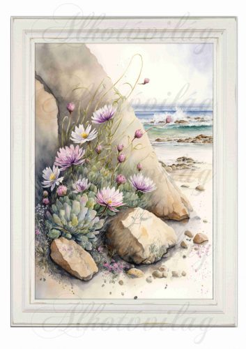 Akvarell stílusú kép keretben sziklával, virágokkal - 19,5 x 26,5 cm