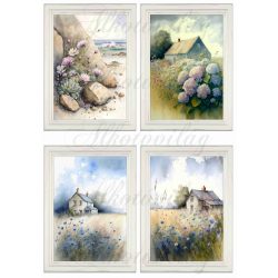   Akvarell stílusú képek keretben gyönyörű hortenziával, kék virágokkal - 4db