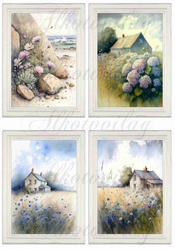 Akvarell stílusú képek keretben gyönyörű hortenziával, kék virágokkal - 4db