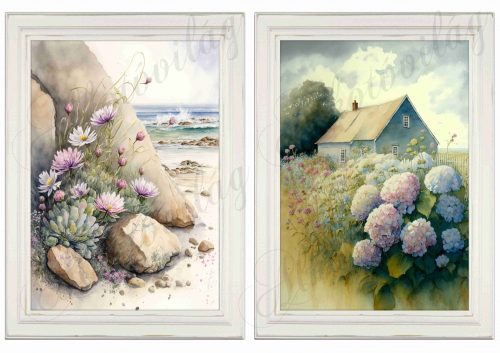Akvarell stílusú képek keretben gyönyörű hortenziával, tavaszi virágokkal - 2db