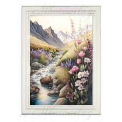   Akvarell stílusú képek keretben gyönyörű patak menti virágokkal, hegyekkel