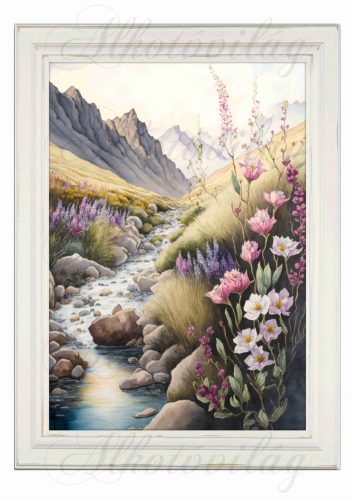 Akvarell stílusú képek keretben gyönyörű patak menti virágokkal, hegyekkel