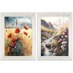   Akvarell stílusú képek keretben gyönyörű pipacsokkal, patak menti virágokkal - 2db