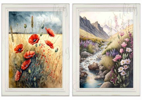 Akvarell stílusú képek keretben gyönyörű pipacsokkal, patak menti virágokkal - 2db