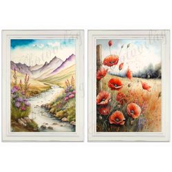   Akvarell stílusú képek keretben gyönyörű pipacsokkal, patakparttal - 2db