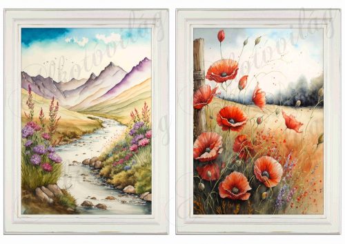 Akvarell stílusú képek keretben gyönyörű pipacsokkal, patakparttal - 2db