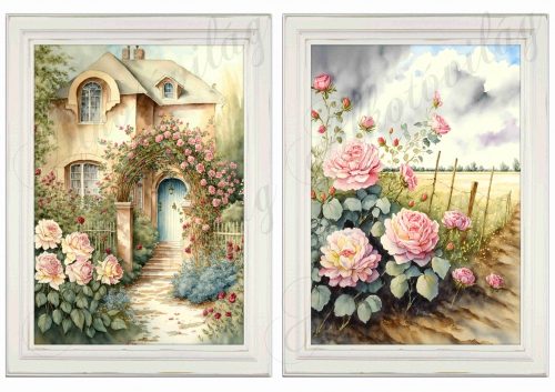 Akvarell stílusú képek keretben gyönyörű rózsalugassal - 2db