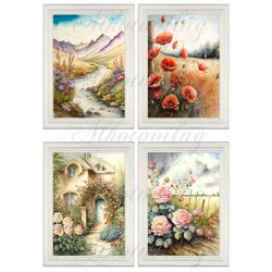   Akvarell stílusú képek keretben gyönyörű rózsalugassal, pipacsokkal - 4db