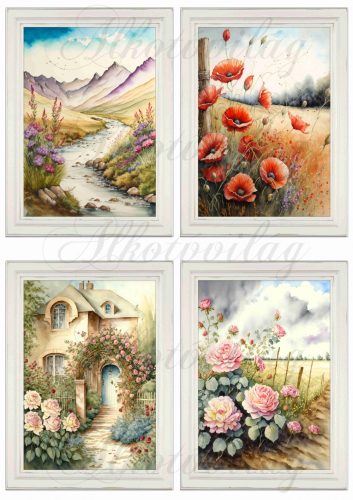 Akvarell stílusú képek keretben gyönyörű rózsalugassal, pipacsokkal - 4db